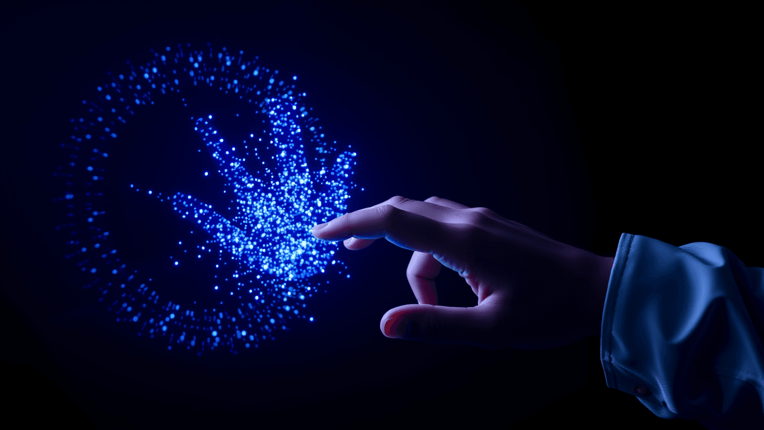 Human hand reaching toward AI hand made of light